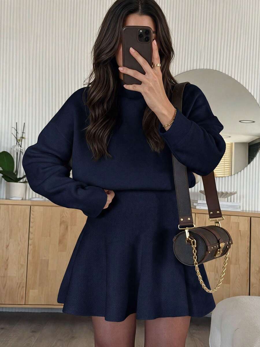 PoPoHouse Autumn/Winter Women's Faux Collar Long Sleeve Knit Dress, Gentle Elegant High Waist A-Line Short Style, Suitable For Daily Commute - Navy Blue - View 1