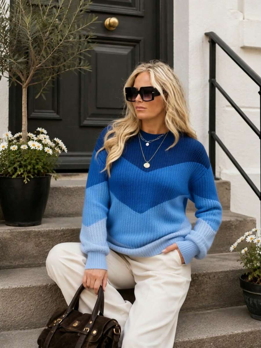 NZZOF Women's Colorblock V-Shaped Pattern Crew Neck Drop Shoulder Casual Pullover Sweater - Mixed Color - View 1