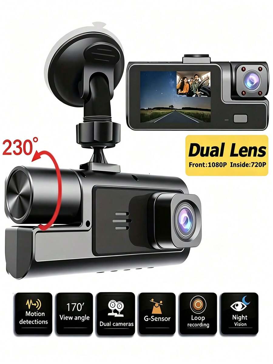 1080P HD Dual Dash Cam Front Rear Interior 3-Channel Car Camera, 170° Wide Angle, Rotatable Lens, Loop Recording, 24H Parking Monitoring, Infrared Night Vision, Suitable For Sedan SUV Truck Video Recorder, Memory Card Not Included - A - View 1