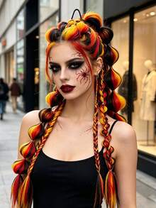 1pc 24inch Multi Colored Bubble Braided Ponytail Wig, Cool Girl Hand Braided Hair - Multicolor - View 4
