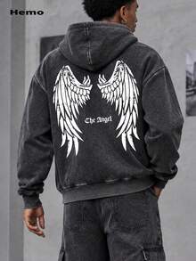 Hemo Men's Winter Streetwear Wing Graphic Hooded Sweatshirt, Slightly Stretchy Slim Fit Thermal Lined Cotton Blend Black Long Sleeve Zip-Up Sweatshirt Jacket, Casual Everyday Outerwear - Black - View 2