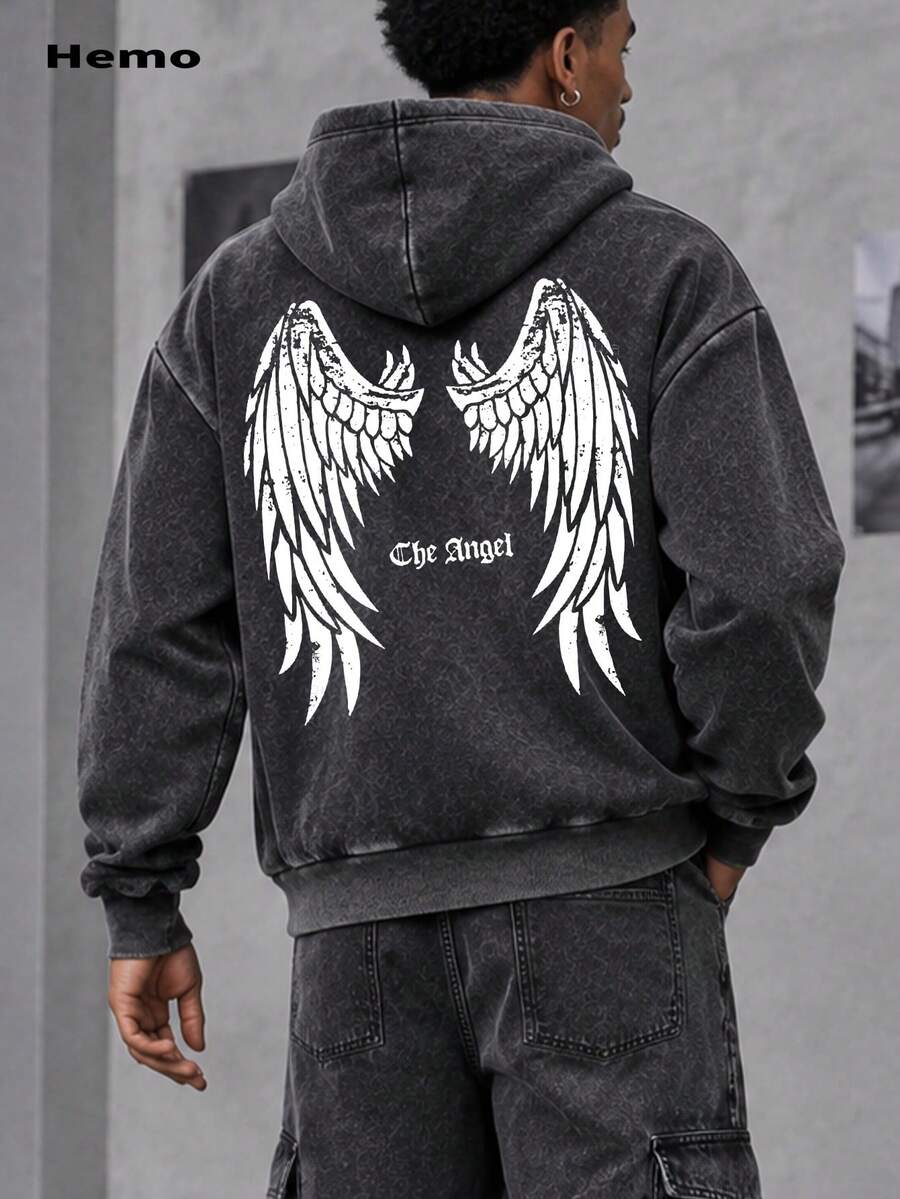 Hemo Men's Winter Streetwear Wing Graphic Hooded Sweatshirt, Slightly Stretchy Slim Fit Thermal Lined Cotton Blend Black Long Sleeve Zip-Up Sweatshirt Jacket, Casual Everyday Outerwear