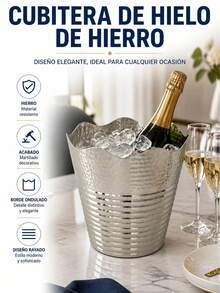 Nickel-Plated Iron Ice Bucket With Wavy Rim And Hammered Texture, Metal Wine And Beer Bottle Chiller For Parties And Events, 23x23x23 Cm - View 8