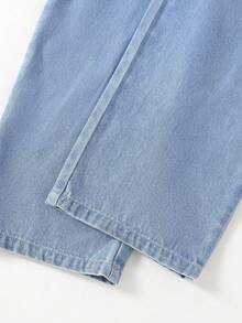 1pc Girls Casual Wide Leg Straight Leg Button Denim Jeans, Fashionable Blue, Fitted Size, Please Order One Size Up For Loose Fit - Medium Wash - View 4