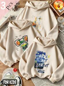Fall/Winter 3 Pieces Set Girls' Cityscape, Cartoon Bear, And Graffiti Letter Print Fleece Hooded Sweatshirt Y2K Style - Apricot + Apricot + Apricot - View 2