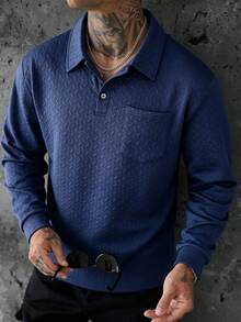 Navy Blue Long Sleeve Polo Shirt With Pocket Design, Suitable For Business And Casual Wear - Blue - View 1