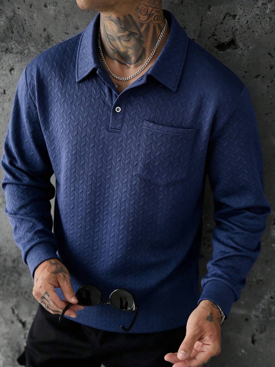 Navy Blue Long Sleeve Polo Shirt With Pocket Design, Suitable For Business And Casual Wear - Blue - View 1