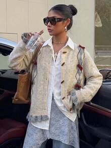 Casual Women's Long Sleeve Round Neck Cardigan, Argyle Pattern With Decorative Bows, Flared Rib-Knit Hem, Autumn Fashion - Grey - View 1