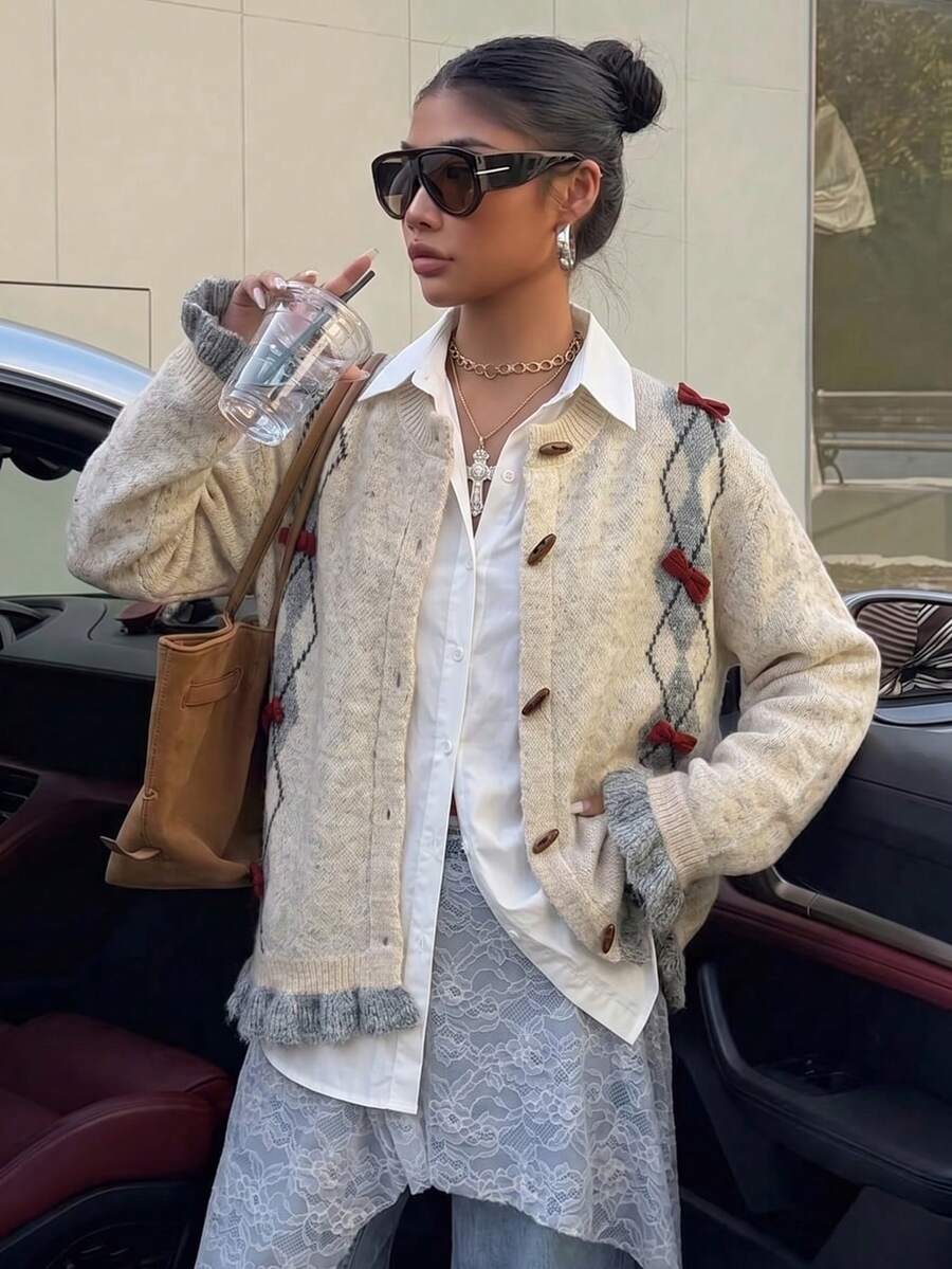 Casual Women's Long Sleeve Round Neck Cardigan, Argyle Pattern With Decorative Bows, Flared Rib-Knit Hem, Autumn Fashion - Grey - View 1
