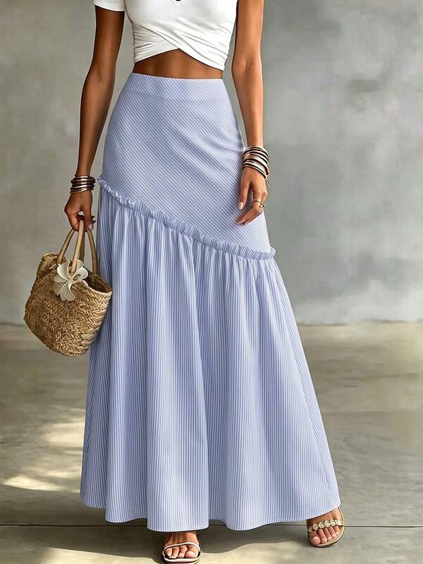 Elegant Women's Long Striped Asymmetrical Skirt With Ruffle Hem, Boho Casual Woven Fabric Long Skirt, Versatile Leisure Vacation Fall Outfit For Women