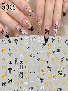 6Pcs Mixed Black Gold Multiple Styles Of Bows Nail Stickers Set,Kawaii 3D Ribbon/Polka Dot/Lace Bow, Ballet Knot, Flower, Pentagram Design Nail Decals,For DIY Sweet Cool Y2K Manicure Decorations - Multicolor - View 10