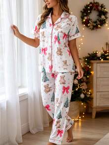 2pcs/Set Christmas Women's Pajama Set, Santa Claus Christmas Tree Cartoon Bear Print Pattern, 2-Piece Women's Short Sleeve Pajama Set, Lapel Short Sleeve Cardigan And Long Pants Set, Suitable For All Seasons, Home Wear, Comfortable And Loose - White - View 7