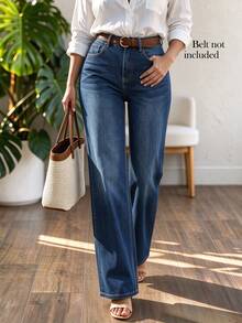 Women's Casual Elegant Washed High Elasticity Wide Leg Long Jeans With Button Detail, Autumn Outfit Halloween - Blue - View 2