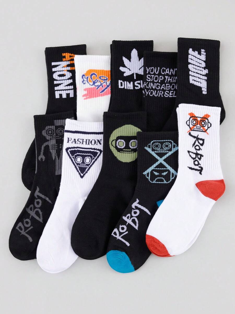 男士 5/10 對隨機機器人與字母印花中筒襪,街頭風卡通圖案中筒休閒襪 - 彩色 - 查看 1