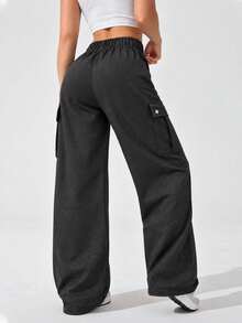 Black Wide Leg Cargo Pants For Women With Elastic Drawstring Waist Flap Pockets Relaxed Loose Fit Trousers For Daily Wear - Black - View 5