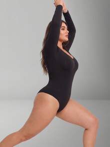 2pcs Plus Size Long Sleeve Shapewear Bodysuit Autumn Winter Thermal Snaps Crotch Tummy Control Body Shaper Tallas Grandes Underwear - Multicolor - View 6
