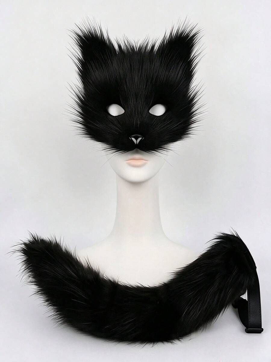 [2pcs Set]New Year Valentine's Day Halloween Christmas Cosplay Costume - Cat Mask And Animal Tail, Cute Halloween Christmas Party Performance Decoration - Multicolor - View 1