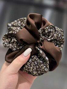 High Bun Large Satin Scrunchie For Women, Blue-Brown Floral Hair Tie, High Elasticity Hair Rope, Fat Hair Band - Multicolor - View 4