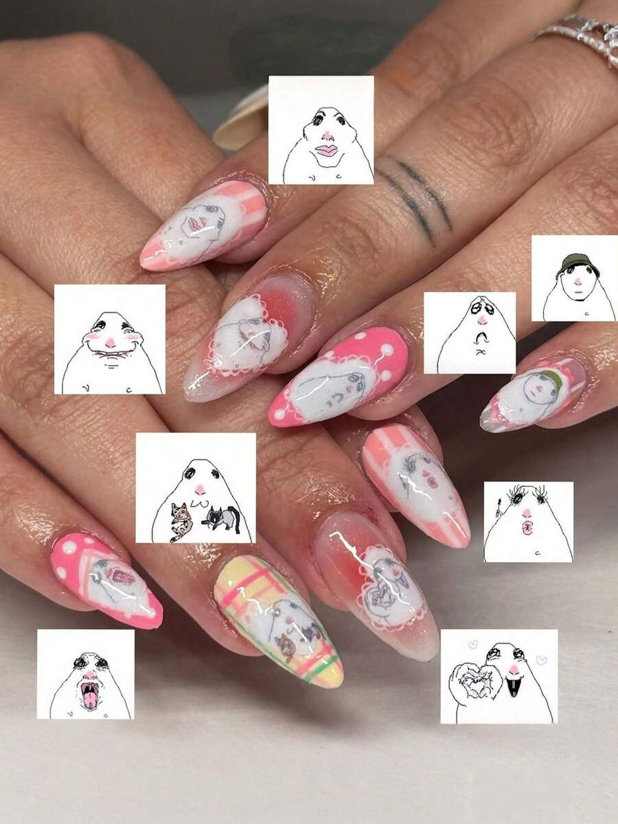 30片長杏仁形穿戴甲,粉色趣味波點與線條美甲設計,套裝包含:1片果凍膠與1片指甲锉,Niche Nails,適合秋冬季節 - 彩色 - 查看 1