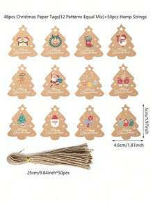 48pcs Vintage Christmas Tree Shaped Slogan Pattern Gift Tags With Rope, Santa Claus And Snowman Pattern Paper Gift Decoration Labels, Suitable For Christmas Party Gifts, Christmas - Multicolor - View 2