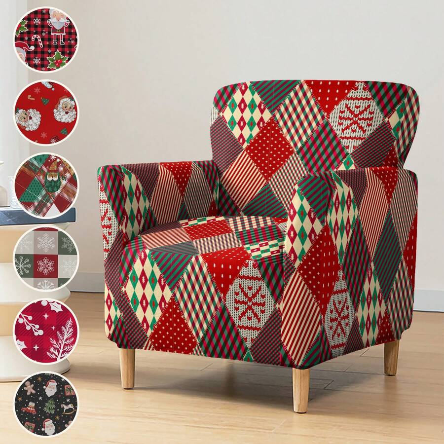 1pc Christmas Print Elastic Small 5-Piece Chair Cover, Single Seat Dust-Proof Sofa Cover For Living Room And Bedroom, All Season