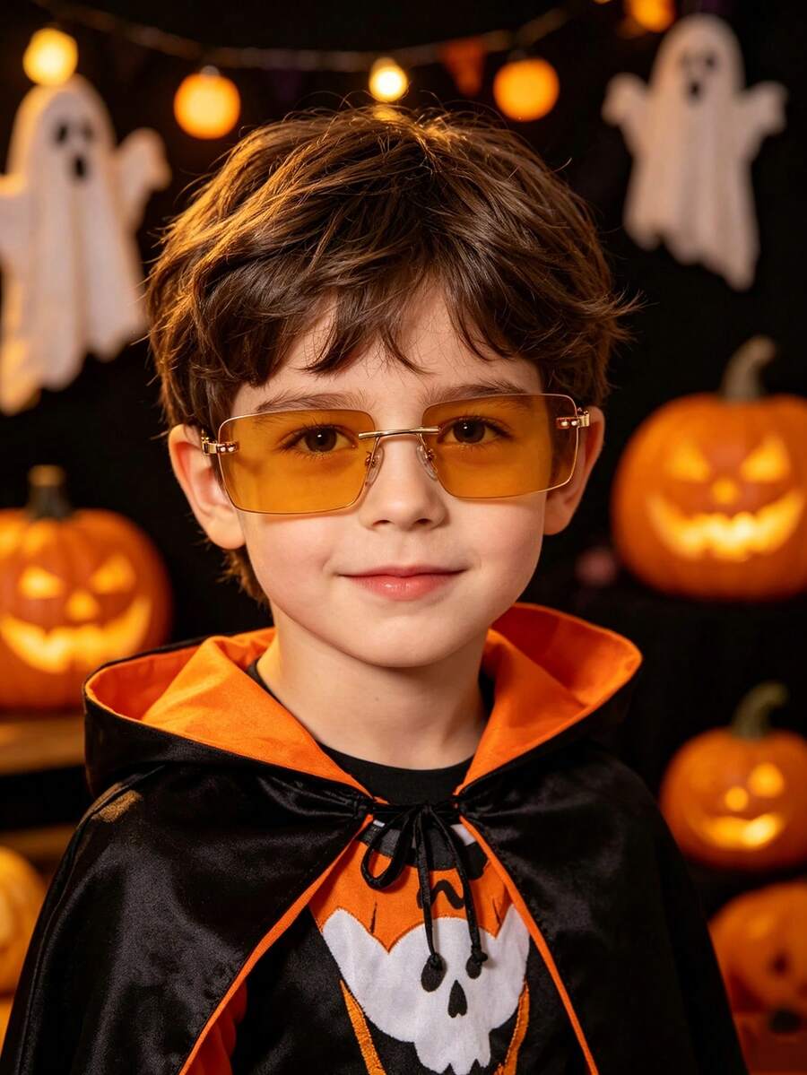 1 PC Kids 4-8Y Halloween Rimless Rectangle Fashion Glasses, Orange Lens Gold Metal Frame, For Halloween Costume Party Cosplay With Glasses Box - Multicolor - View 1