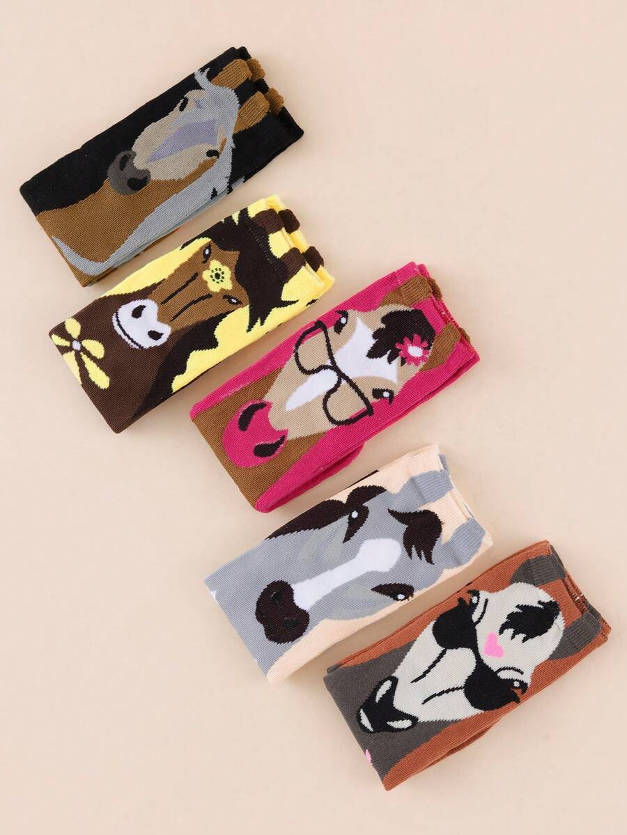 Men's 5 Pairs Random Cartoon Horse Print Crew Socks, Novelty Funny Animal Pattern Casual Mid Calf Socks For Daily Wear - Multicolor - View 1