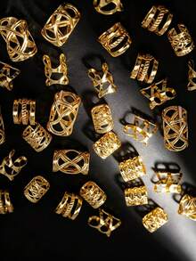 60pcs Gold Metal Dreadlock Hair Rings, Multi-Style Hollow Braided Hair Accessories, Lock Hair Jewelry For Women - Multicolor - View 3