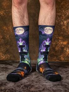 1/3 Pairs Men's Mid-Calf Socks With Creative Fountain And Moon Pattern, Funny Halloween Gift Socks - Multicolor - View 8