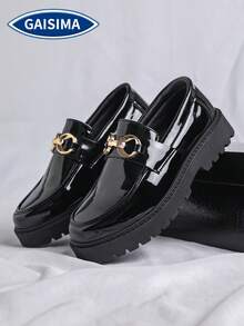 GAISIMA Sepatu Loafer Pria Mengkilap, Gaya Kampus, Dekorasi Gesper Logam, Sol Tebal, Sepatu Slip-On, Sol Tebal Bergerigi, Cocok untuk Pemakaian Sehari-hari di Kantor, Musim Semi dan Musim Gugur - Hitam - View 1