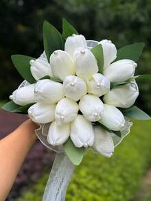 White Pearl Tulip Bridal Bouquet(8.66inch)With Pearl Decoration, Lace Bow Artificial Flower For Wedding Party Prom Gift - Multicolor - View 3