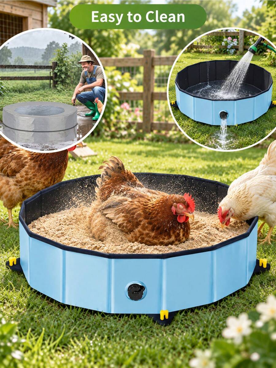 Chicken Dust Bath Tub With Rain Cover, Foldable Chicken Sand Bath Pool With Drain Plug, Portable Poultry Bathing Basin For Hens, Roosters, Chicks, Ducks & Backyard Coop - View 1