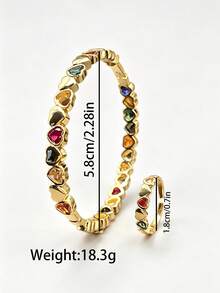 1set Luxury Gold Heart Multicolor Zirconia Bangle & Ring Set Inlaid Colorful Crystal Statement Jewelry For Daily Commute Decoration Anniversary Gift - Gold - View 6