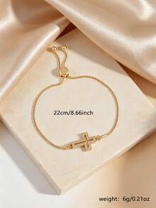 1pc Cubic Zirconia Inlaid Cross Pendant Bracelet, Suitable For Women To Wear For Dating, Parties, And Religious Events - Yellow Gold - View 3
