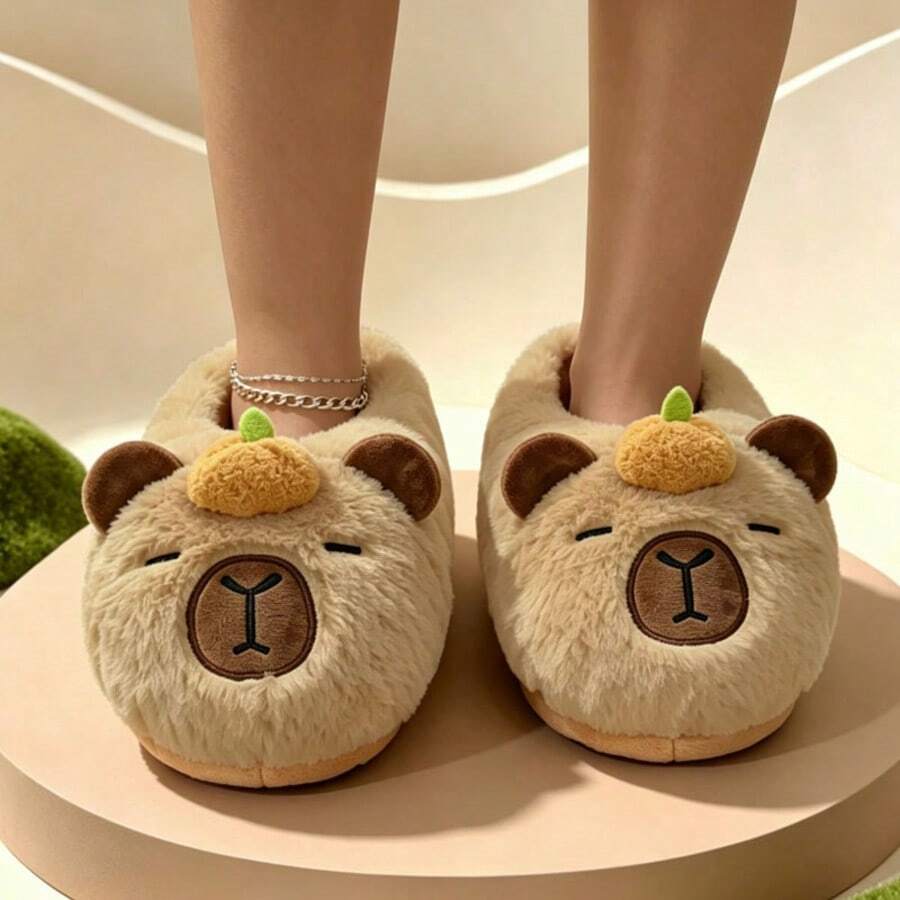 3D Cartoon Capybara Plush Women's Slippers, Soft Fluffy Slip-On Backless Slippers, Cute Orange Decor Anti-Slip Bedroom Winter Home Shoes - Khaki - View 1