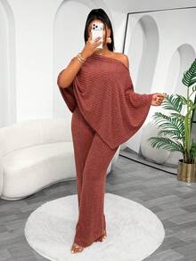Women's Burgundy Ribbed Asymmetric Collar 2 Pieces Set, Casual Sexy Autumn Outfit, Medium Stretch - Reddish-brown - View 1
