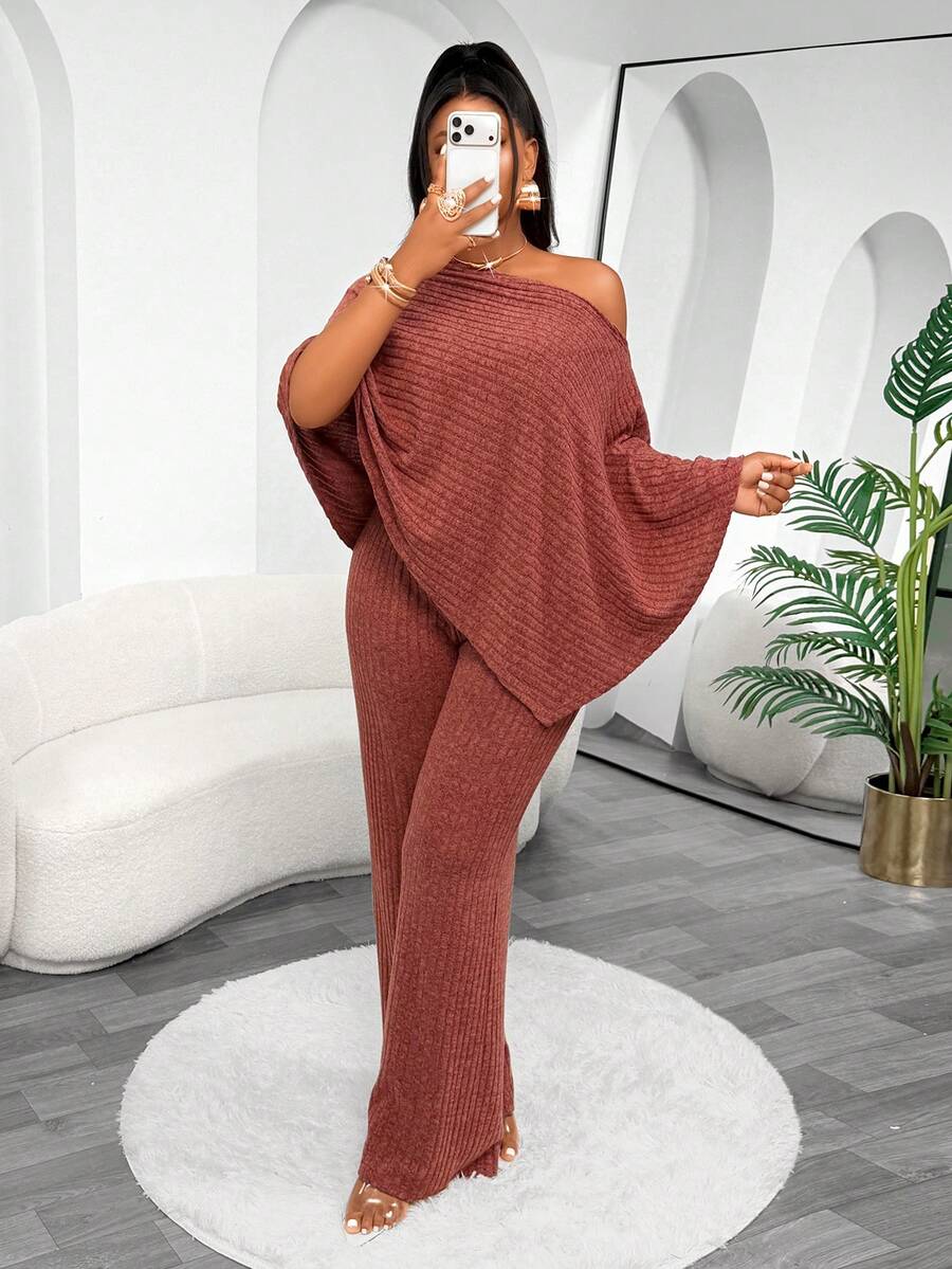Women's Burgundy Ribbed Asymmetric Collar 2 Pieces Set, Casual Sexy Autumn Outfit, Medium Stretch - Reddish-brown - View 1