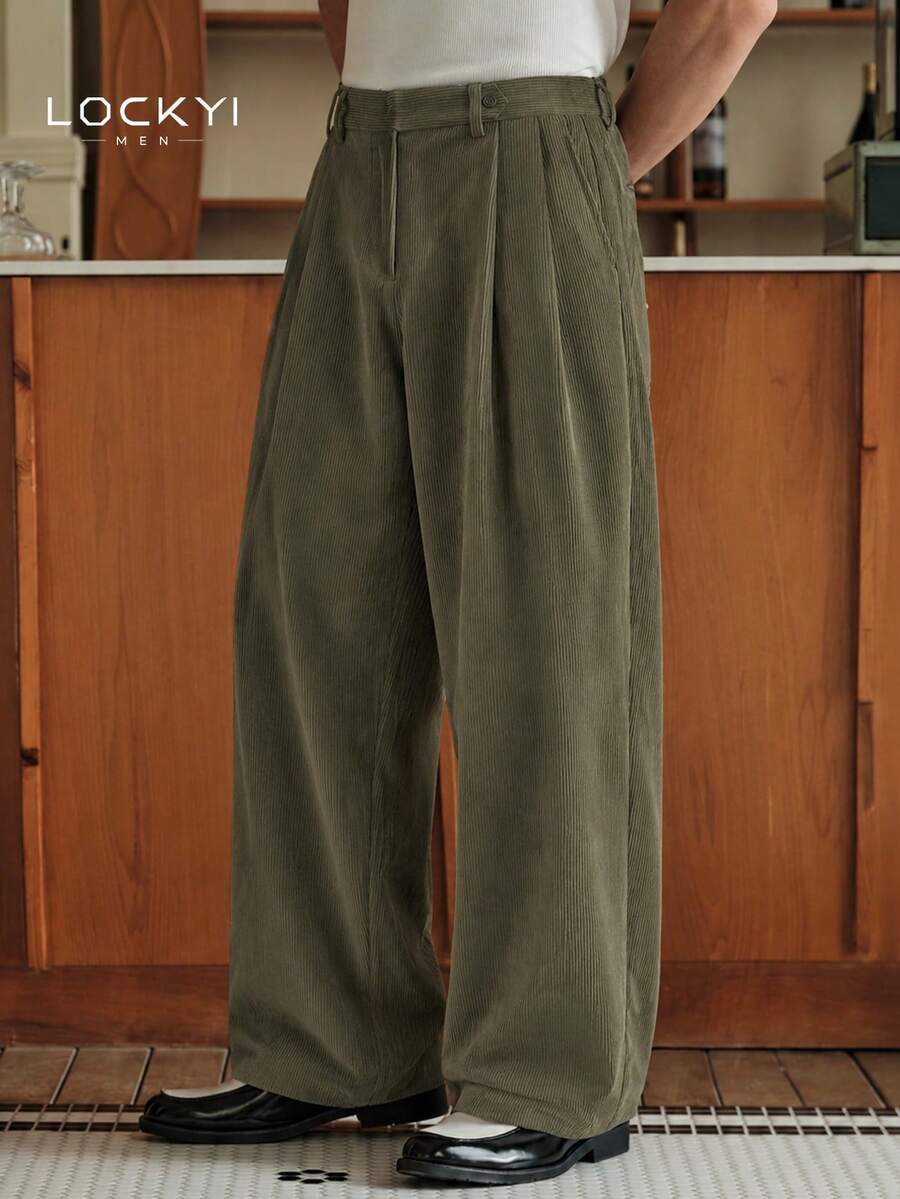 Men's Olive Green High-Waist Wide-Leg Dress Pants, Pleated Drape, Loose Casual Trousers For Autumn/Winter - Green - View 1