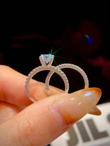 1pc Moissanite Ring Set, Minimalist 4-Prong Angel Ring Set, Suitable For Women's Party And Daily Wear - Silver - View 3