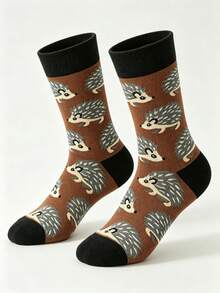 1 Pair Hedgehog Pattern Unisex Mid-Calf Socks, Vintage Caramel Brown & Black Contrast Cuff, Fun Cartoon Casual Mid-Calf Socks - Multicolor - View 2