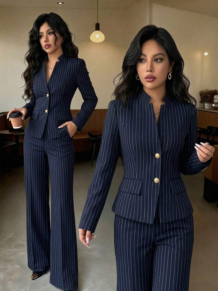 Women's Notched Collar Pinstripe Suit Set With Button Details, Long Sleeve Blazer & Wide Leg Pants, Elegant Formal Outfit For Fall & Winter - Navy Blue - View 1
