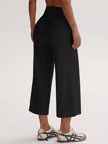 Women's Pure Black High Waist Short Casual Pants, With Side Pockets, Elastic Flare Leg Capris, Suitable For Daily Wear - Black - View 2