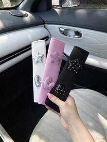 1pc/2pcs Cute Rhinestone Star & Heart Car Seat Belt Shoulder Pads, Soft & Breathable To Relieve Seat Belt Pressure, Protect Original Seat Belts, Easy Installation, 3 Colors Available, Sweet Style With Exquisite Rhinestone Decoration, Fits Most Car Models - A - View 7