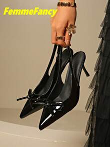 Women's Summer Solid Color Fashion Commute Elegant Sexy Bow Pointed Toe Stiletto High Heel Sandals With Back Strap Kitten Heel Black Shoes - Black - View 2