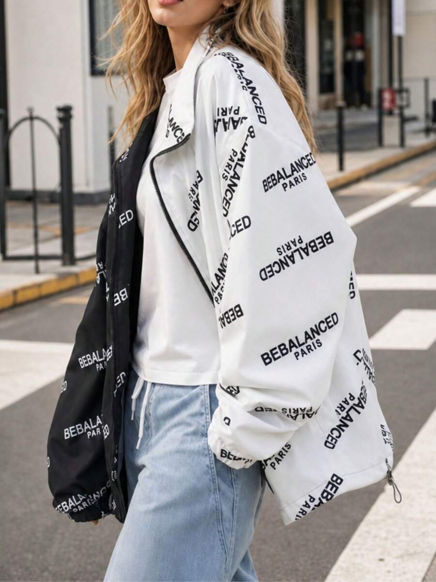 1pc Women's Sports Outdoor Style Letter Print Colorblock Baseball Jacket Zip-Up Cardigan Cycling Climbing Top Loose Fit Adjustable Hem - Black and White - View 1