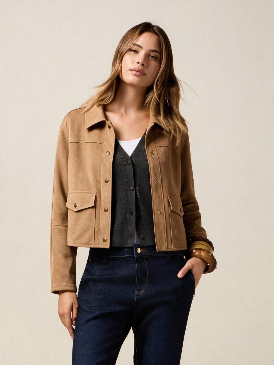Jaket Pendek Wanita Bahan Suede Imitasi, Pilihan Sempurna untuk Busana Musim Gugur dan Acara Santai - Jahe - View 1