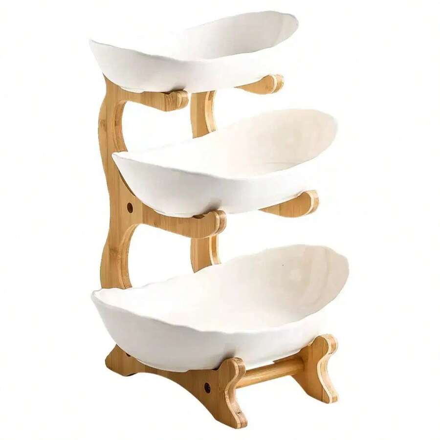 3-Tier Fruit Basket With Wooden Stand - Kitchen Fruit & Vegetable Storage Rack, Home Decor, Kitchen Countertop Fruit Basket, Large Capacity Multi-Layer Fruit Basket, European Style Dried Fruit Tray, Wooden Stand For Home Use, Without Tray - Multicolor - View 1