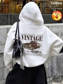 هودي نسائي من الصوف الناعم للخريف والشتاء مع KEEP ALIVE VINTAGE، طباعة سيارة عتيقة، Y2K - أبيض - مشاهدة 3