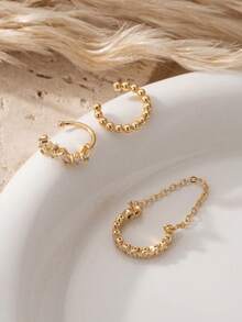 3pcs/Set Shiny Zirconia Chain Ear Clips Set, Multi-Layer Stackable Rhinestone Stud Earrings For Women, Versatile For Daily Wear, Date And Party - Gold - View 3