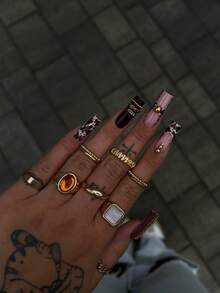 24Pcs Fall Winter Long Taper Press On Nails,Retro Cool False Nails,Wine Red Nude Cow Print With Gold Chain & Bead Metal Ornament Nail Kit With Jelly Glue & Nail File For Women - Brown - View 1